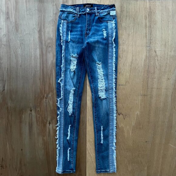 AKIRA MAYA FRAY MID RISE SKINNY WOMEN’S JEANS sz 7 W27 Dark Wash STRETCHY NWT - Picture 2 of 15